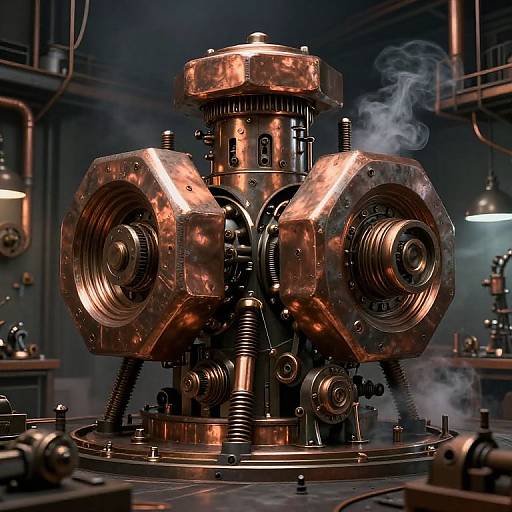 Photorealistic CGI of a glowing, metallic, multi-gear industrial machine with smoke, set in a dimly lit, industrial workshop.