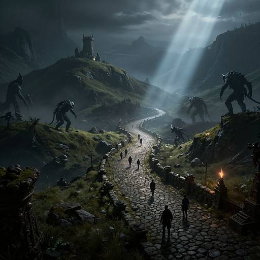 Digital fantasy artwork of a dark, misty landscape with glowing moonlight, cobblestone path, shadowy figures, and looming, menacing creatures on