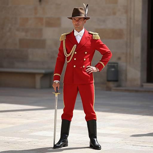 Man in Red and Gold Formal Uniform with Sword