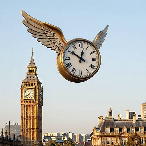 Photograph of a golden clock with wings flying above London's Big Ben clock tower and historic buildings under a clear blue sky.