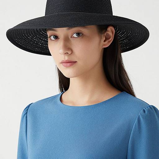 Photograph of a young Asian woman with straight black hair, wearing a black woven sunhat and a blue long-sleeve shirt, against a plain