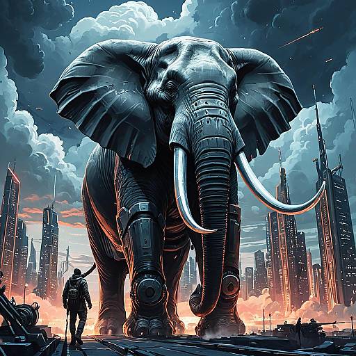 Colossal Cybernetic Elephant with Cannon Tusks in Futuristic City