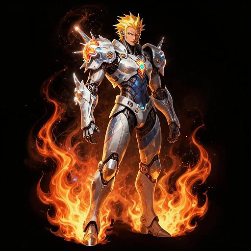 Digital anime-style illustration of a blond, muscular man in futuristic silver armor with glowing blue accents, surrounded by fiery orange flames. Black background.
