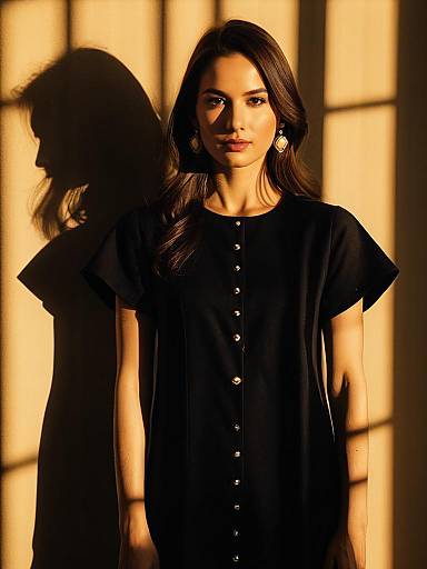 Woman in Black Tunic Dress with Shadow