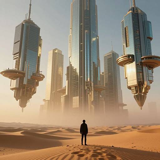 Digital artwork: Silhouetted person stands in vast desert, facing futuristic floating skyscrapers with glowing blue and metallic designs under a bright, clear