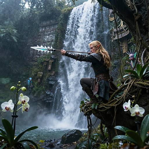 Epic fantasy scene: Blonde warrior with braided hair, black armor, and silver sword aims at waterfall, surrounded by lush greenery and orchids