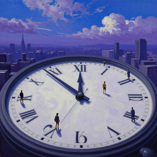 Digital artwork: Giant city clock face with four tiny people standing at different clock hands; city skyline and blue sky with clouds in background.