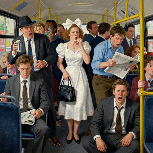 Photograph of a crowded bus with diverse passengers in formal and casual attire, some shocked or surprised, one woman in a white dress and bow, holding