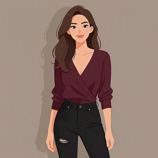Digital illustration of a smiling woman with long brown hair, wearing a deep V-neck maroon blouse and black high-waisted jeans against a gray background