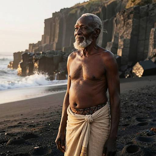 Elderly East African Man on Volcanic Black-Sand Beach