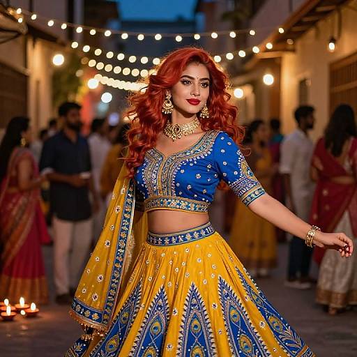 Photograph of a red-haired woman in a blue and yellow traditional Indian lehenga, adorned with intricate embroidery, dancing in a lit, festive alleyway