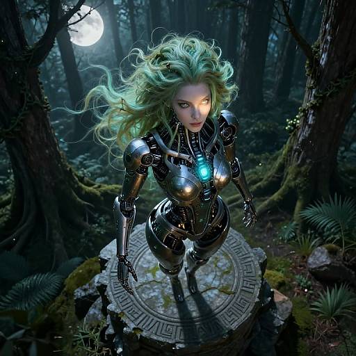 CGI image of a green-haired woman with cybernetic armor, glowing blue chest emblem, standing on a circular stone platform in a moonlit,