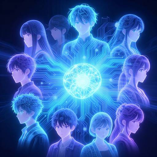 Digital anime-style illustration featuring eight blue-hued, glowing, futuristic characters arranged around a radiant, circular blue light against a dark background.