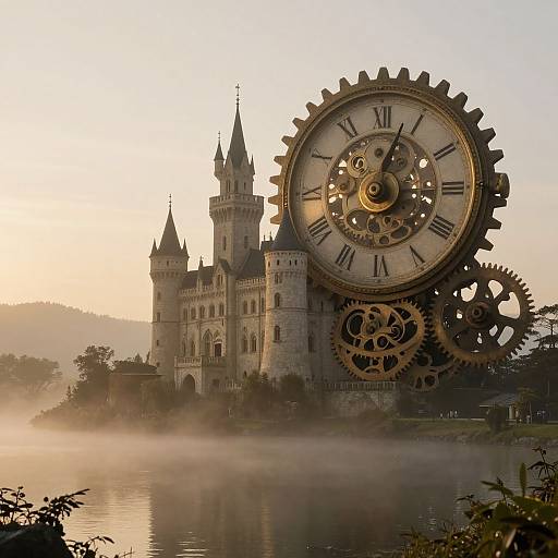 Photograph of a medieval castle beside a misty lake, with giant mechanical gears overlaying the right side, blending fantasy and steampunk elements.