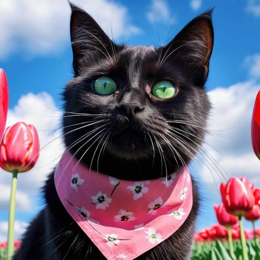 Black Cat Among Flowers Under Blue Sky