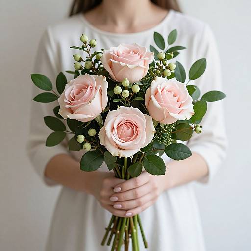 Photograph of a woman in a white dress holding a bouquet of pale pink roses with green leaves and small white buds.