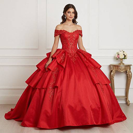 Photograph of a dark-haired woman in an off-shoulder, red, lace-embellished ball gown with a voluminous skirt, standing