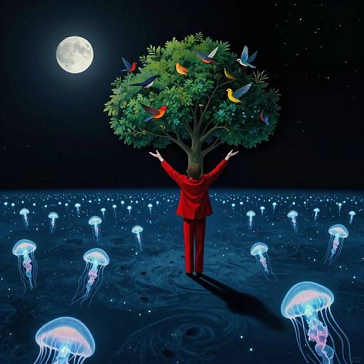Digital illustration of a person in a red suit, arms outstretched, under a moonlit tree with colorful birds, surrounded by glowing jellyfish in