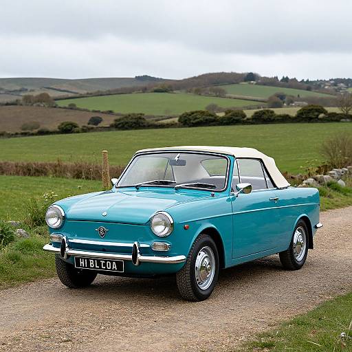 Photograph of a vintage, turquoise convertible car with a white soft top, parked on a gravel path in a lush, green countryside with rolling hills in