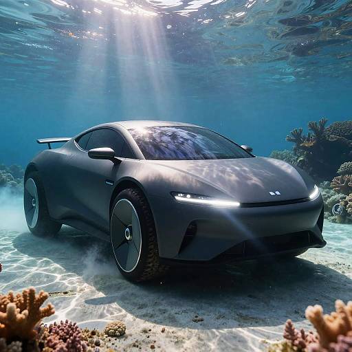 Photograph of a sleek, futuristic black sports car with glowing headlights underwater, surrounded by coral reefs and sunlight filtering through the water.