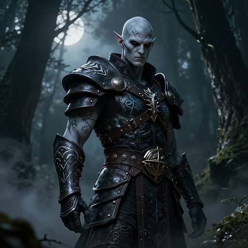 CGI fantasy image of a muscular, bald, blue-skinned elf warrior in dark, detailed armor standing in a misty, moonlit forest.