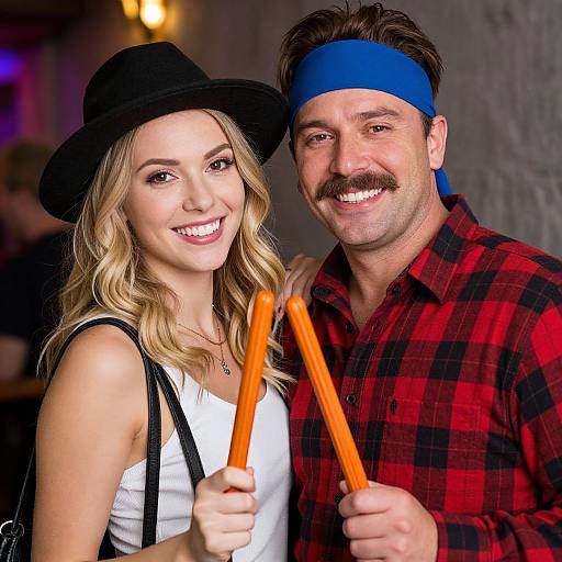 Photograph of a smiling blonde woman in a black hat and white top, and a man with a blue headband, red plaid shirt, both