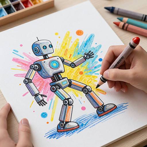 Photograph of a colorful, cartoon-style drawing of a robot with blue and orange accents, created with markers, held by hands.