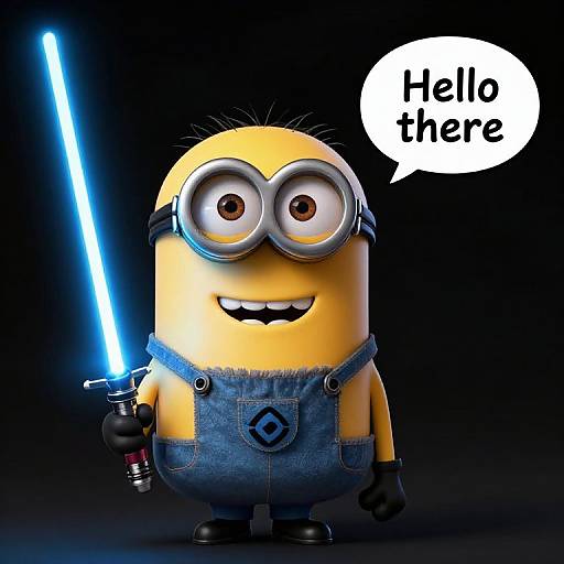 CGI Minion-style character with yellow skin, goggles, denim overalls, holding blue lightsaber, speaking 