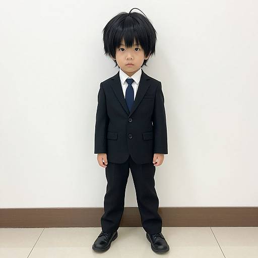 Photograph of an Asian toddler with black hair, wearing a black suit, white shirt, and black tie, standing against a white wall.