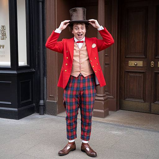 Photograph of a man in a red jacket, beige vest, plaid pants, black top hat, and brown shoes, smiling with hands on hat