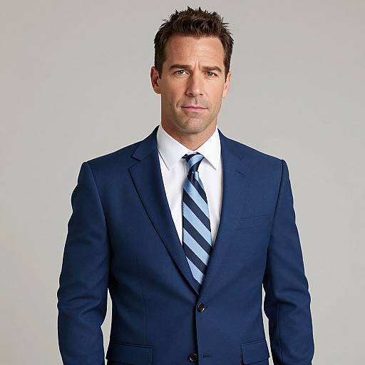 Photograph of a Caucasian man with short brown hair, wearing a dark blue suit, white shirt, and blue striped tie, standing against a plain light