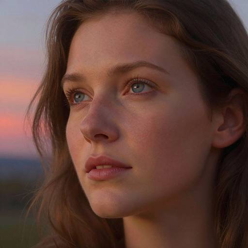 Photograph of a young woman with fair skin, blue eyes, and brown wavy hair, gazing thoughtfully into the distance at sunset.