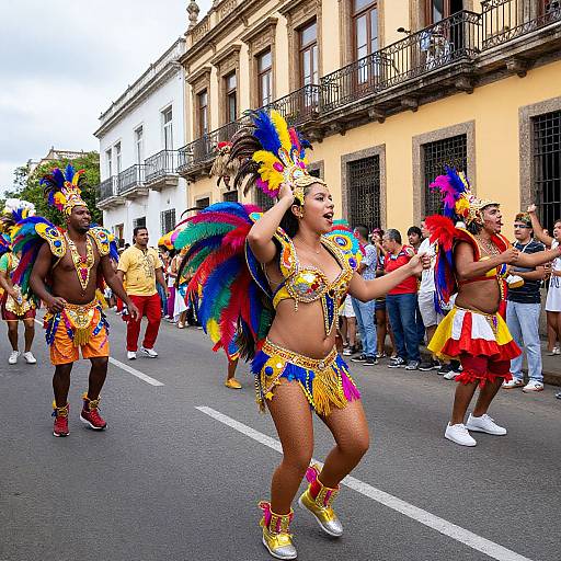 Vibrant Carnival parade: Female dancers in colorful feathered headdresses and gold-accented bikinis, dancing on a street lined with spectators and