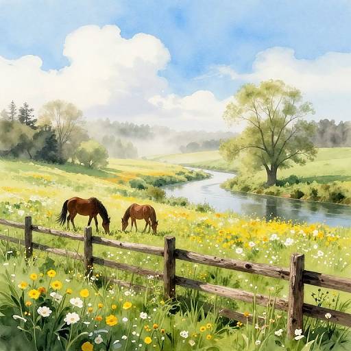 Digital painting of two brown horses grazing in a vibrant, sunlit meadow with yellow flowers, a wooden fence, and a winding river. Clear blue