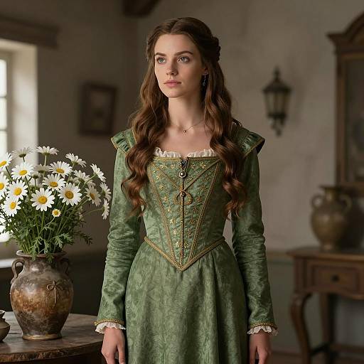 Woman in Elegant Green Medieval Dress Indoors