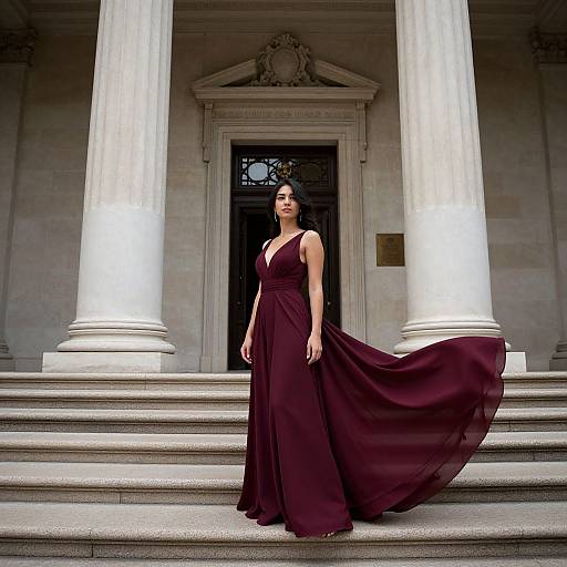 Photograph of a woman with dark hair in a deep maroon, sleeveless, floor-length gown, standing on stone steps before white columns and a