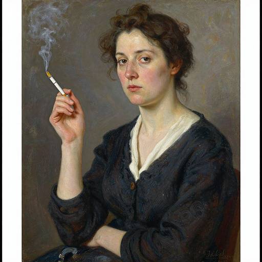 Realistic oil painting of a pale-skinned woman with dark, curly hair, wearing a black blouse, smoking a cigarette, against a gray background.