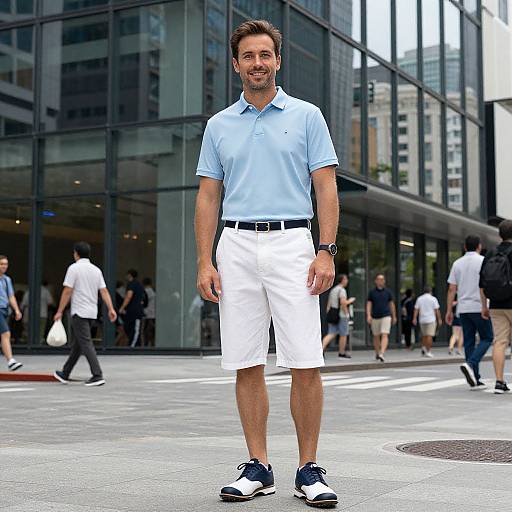 Photograph of a smiling man in light blue polo, white shorts, navy sneakers, and black belt, standing in a busy urban street. Modern glass