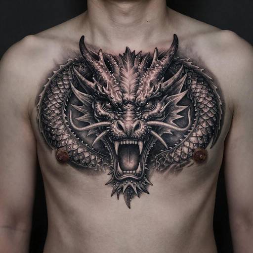 Photorealistic Greyscale Dragon Chest Tattoo