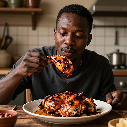 Photograph of a Black man with short curly hair, wearing a black shirt, eating glazed roasted chicken from a plate in a warmly lit kitchen.