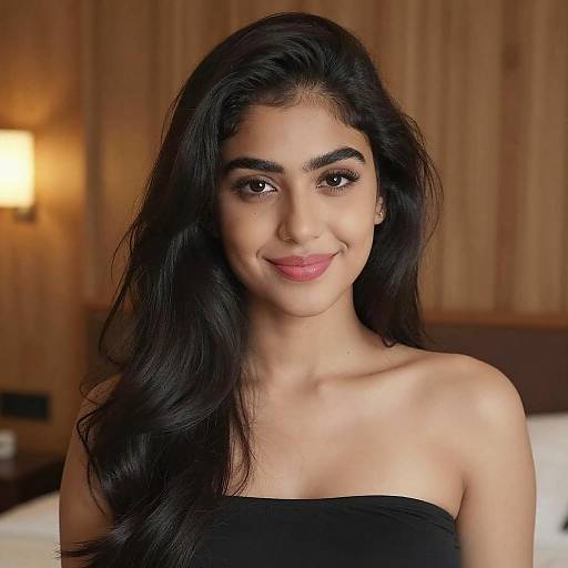 Photograph of a smiling young woman with long, wavy black hair, olive skin, dark eyebrows, and pink lipstick, wearing a black strapless