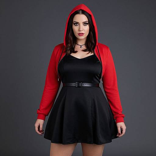 Photograph of a pale-skinned woman with dark hair, wearing a red hoodie, black dress, and belt, standing against a dark gray background.