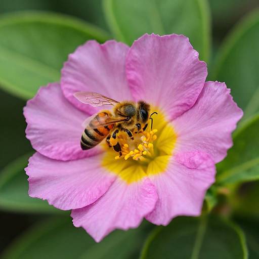 Close-up photograph of a honeybee with translucent wings, black and yellow striped abdomen, and fuzzy body, hovering on a vibrant pink flower with a yellow
