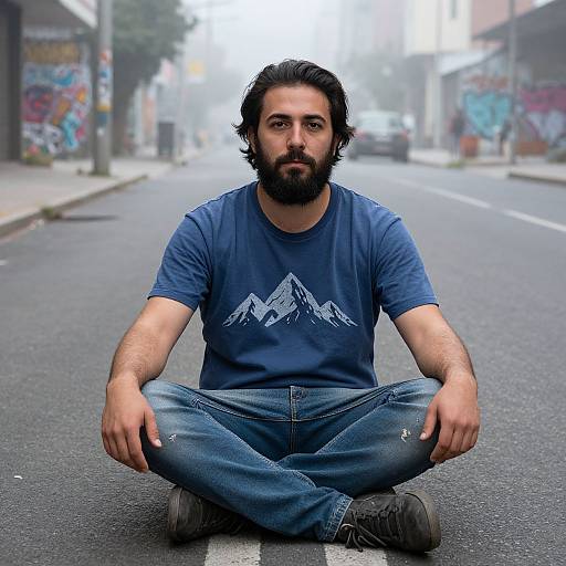 Photograph of a bearded man with dark hair, wearing a blue mountain graphic t-shirt and jeans, sitting cross-legged on a foggy, graffiti