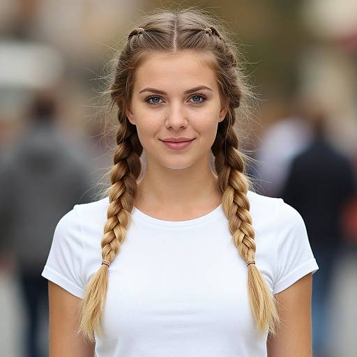 Photograph of a young woman with fair skin and blue eyes, wearing a white t-shirt, with two braided pigtails, smiling softly,