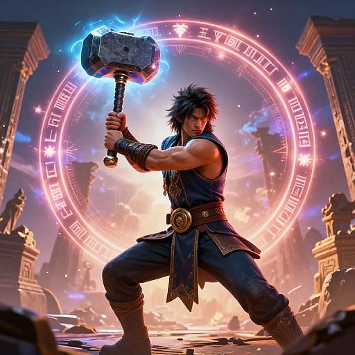 Digital art: Muscular, dark-haired warrior with spiky hair, wearing a blue sleeveless top and pants, wields a glowing blue hammer,