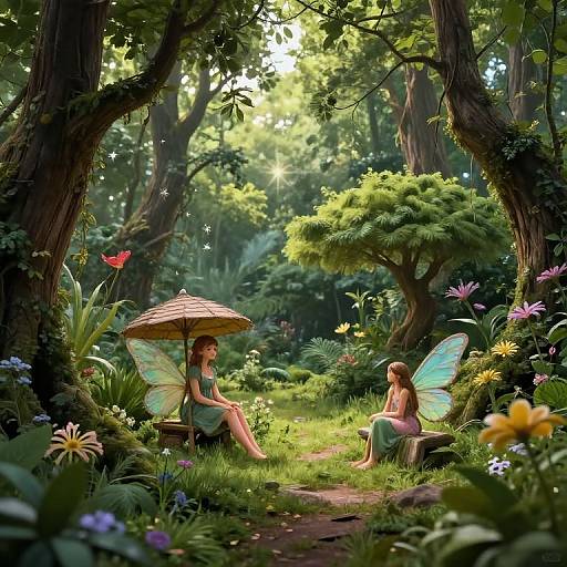 Digital fantasy artwork of two fairy girls with iridescent wings, sitting in a sunlit forest garden, one under a straw umbrella.