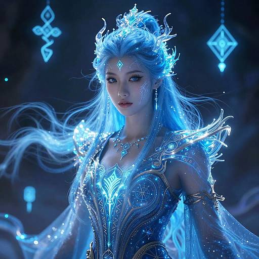 Digital fantasy artwork of a beautiful, ethereal woman with glowing blue hair and intricate, luminescent ice-like armor in a dark, mystical setting.