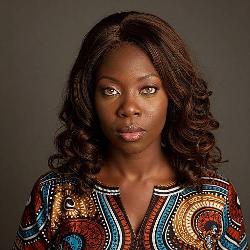 Photograph of an attractive dark-skinned woman with curly hair, wearing a vibrant, patterned blouse with intricate, multicolored designs, against a