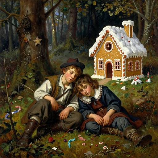 Whimsical painting of two children sitting by a snow-covered gingerbread house in a dark forest, surrounded by candy and flowers.